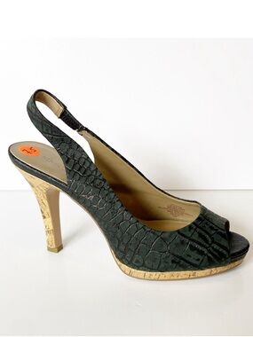 NINE & CO Black Crocodile Strap Sandals Heels… Peek a Boo Toe!  Size 7 1/2